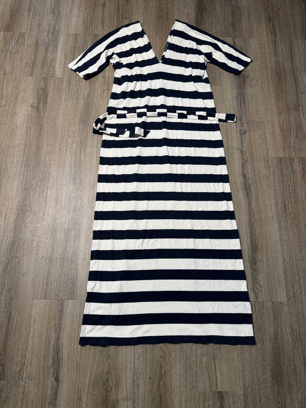 Ralph Lauren Women's Navy & White Striped Maxi Dress and Matching Tie-Belt
